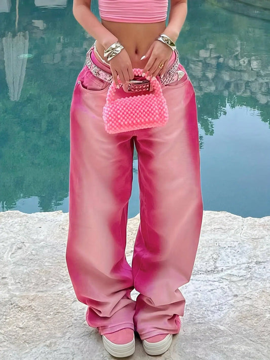 Ombre Washed Pinkish Red Loose Fit Y2K Retro Streetwear Jeans, Women's Denim Jeans & Clothing - SS69