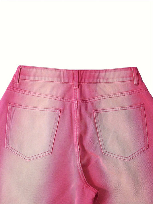 Ombre Washed Pinkish Red Loose Fit Y2K Retro Streetwear Jeans, Women's Denim Jeans & Clothing - SS69