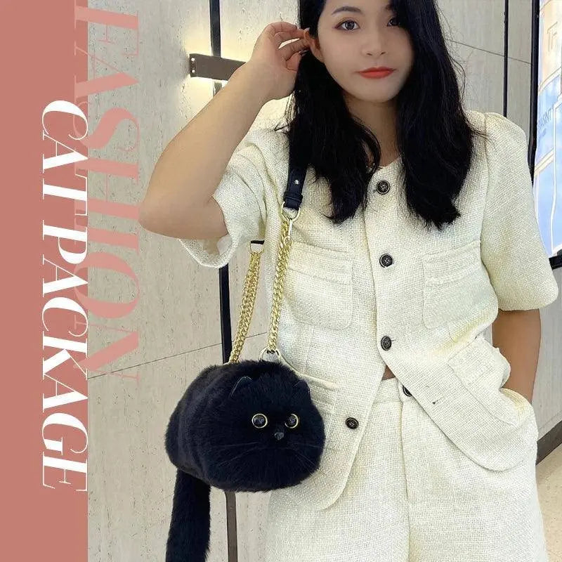 One Shoulder Bag Female Design Small Man Messenger Bag Versatile Hand Made Autumn and Winter Plush Cute Cat Bag SS69