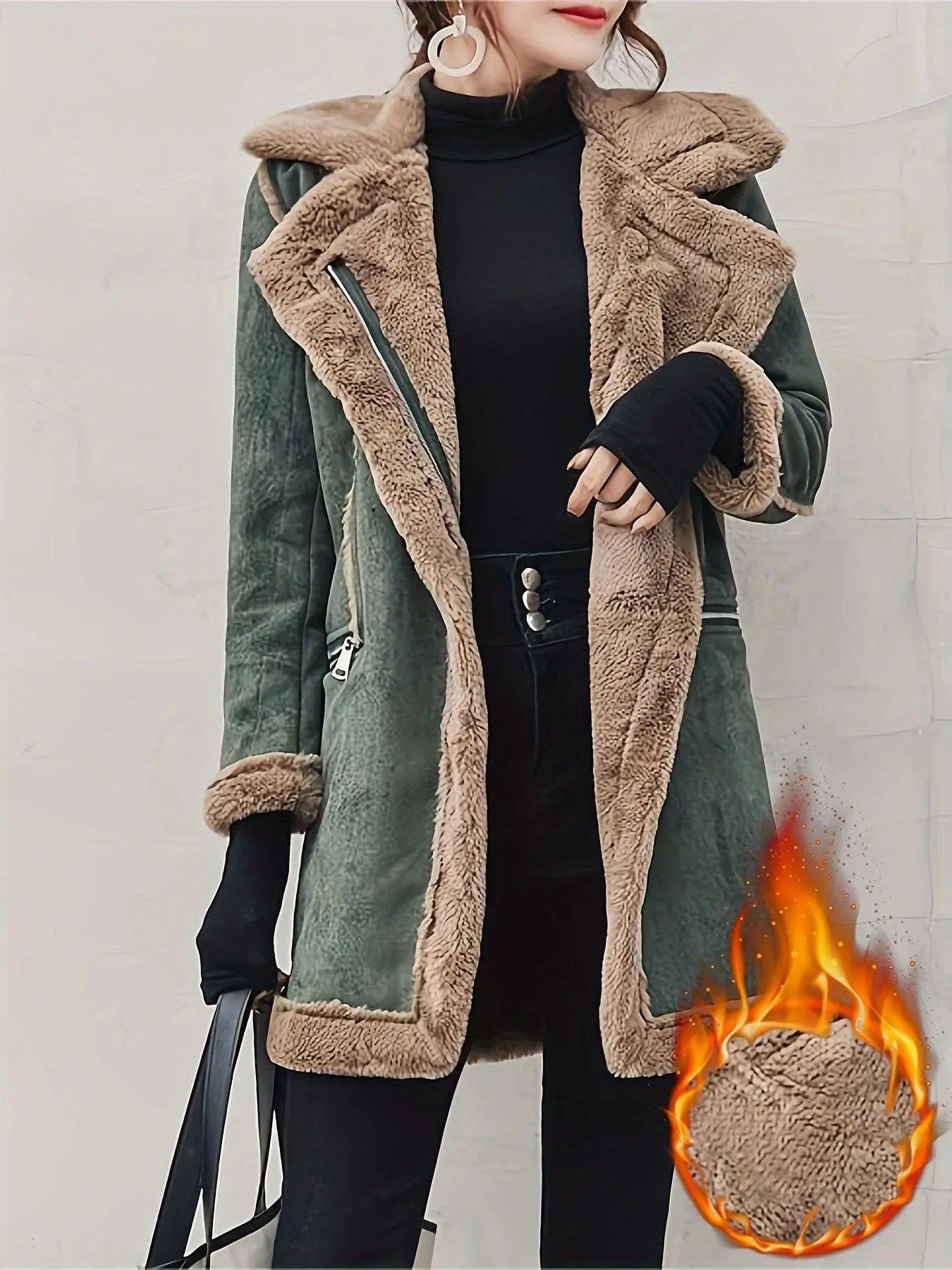 Open Front Mixed Media Lapel Coat, Stylish Long Sleeve Faux Fur Lined Warm Coat For Winter, Women's Clothing SS69