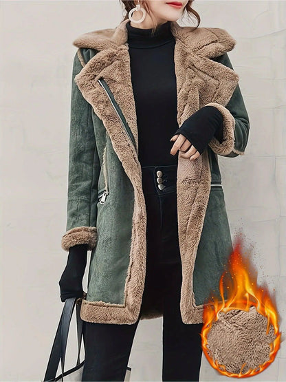 Open Front Mixed Media Lapel Coat, Stylish Long Sleeve Faux Fur Lined Warm Coat For Winter, Women's Clothing SS69