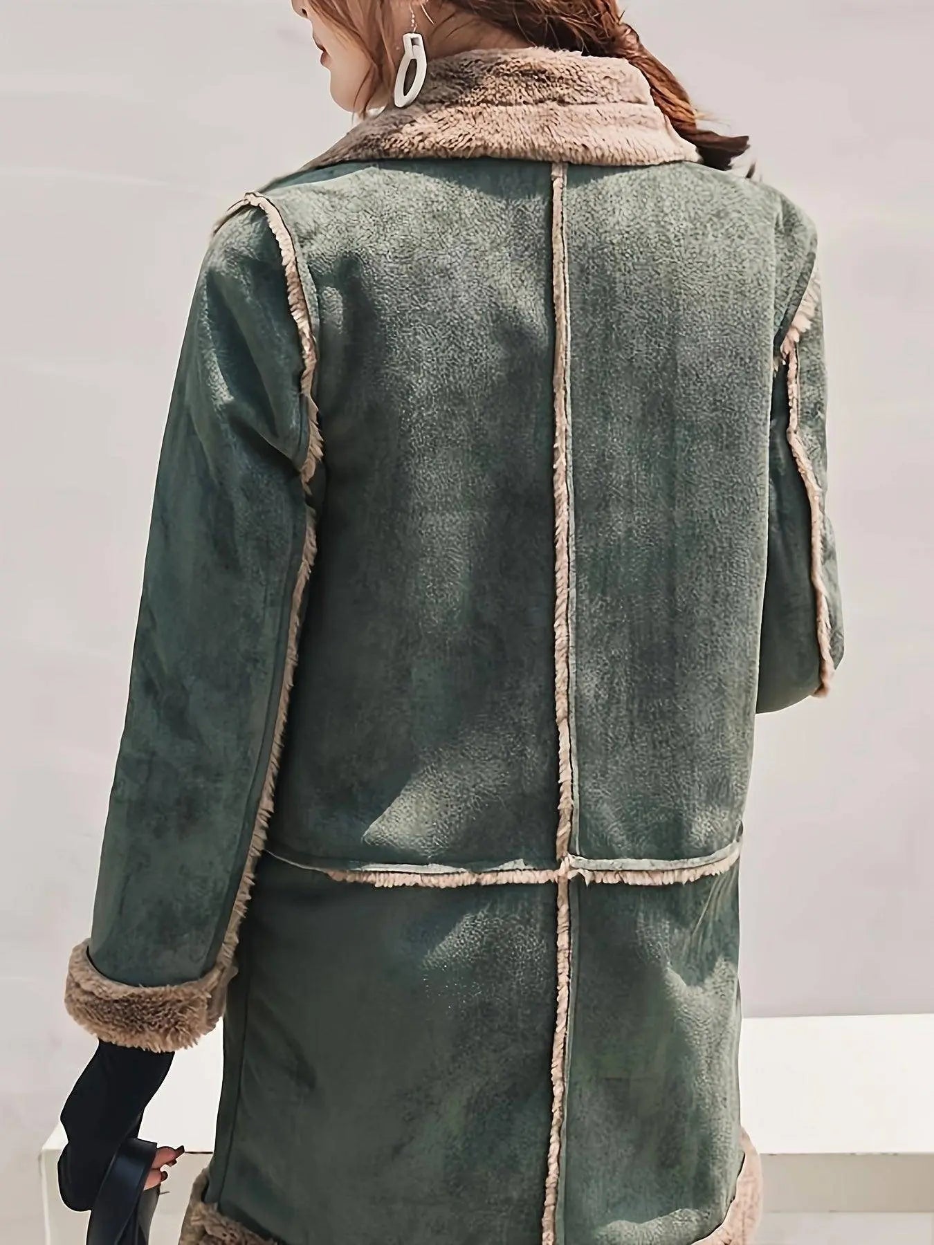 Open Front Mixed Media Lapel Coat, Stylish Long Sleeve Faux Fur Lined Warm Coat For Winter, Women's Clothing SS69