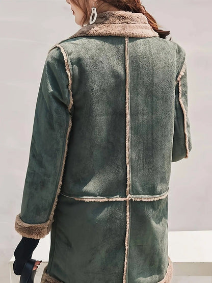 Open Front Mixed Media Lapel Coat, Stylish Long Sleeve Faux Fur Lined Warm Coat For Winter, Women's Clothing SS69