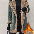 Open Front Mixed Media Lapel Coat, Stylish Long Sleeve Faux Fur Lined Warm Coat For Winter, Women's Clothing SS69