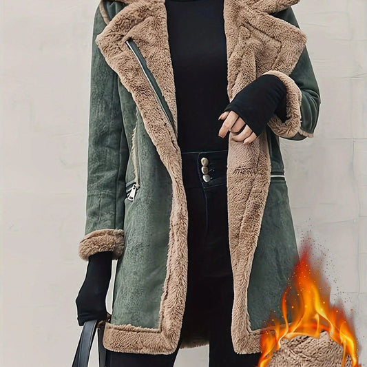 Open Front Mixed Media Lapel Coat, Stylish Long Sleeve Faux Fur Lined Warm Coat For Winter, Women's Clothing SS69
