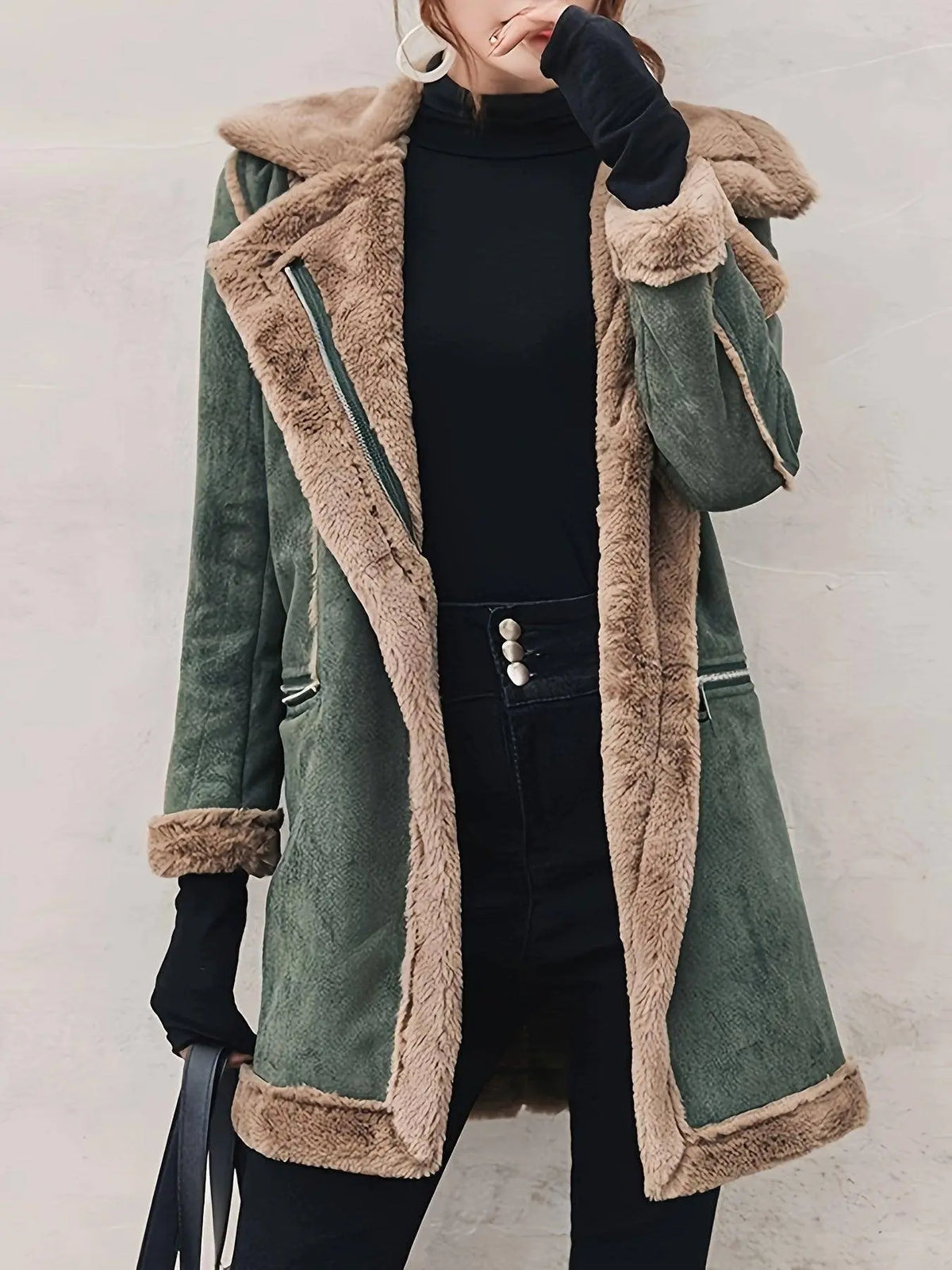 Open Front Mixed Media Lapel Coat, Stylish Long Sleeve Faux Fur Lined Warm Coat For Winter, Women's Clothing SS69