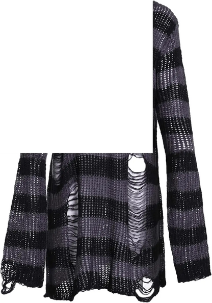 Oversized Goth Punk Ripped Striped Long Sleeve Pullover Sweater Dress Tops - SS69