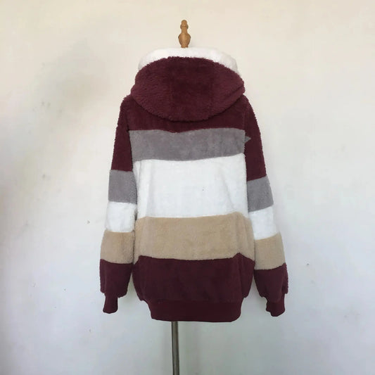 Oversized Jacket for Women 2025 New Autumn Winter Warm Plush Pocket Hooded Streetwear Loose Lady Outerwear Coat Roupas Feminina SS69