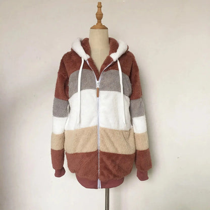 Oversized Jacket for Women 2025 New Autumn Winter Warm Plush Pocket Hooded Streetwear Loose Lady Outerwear Coat Roupas Feminina SS69