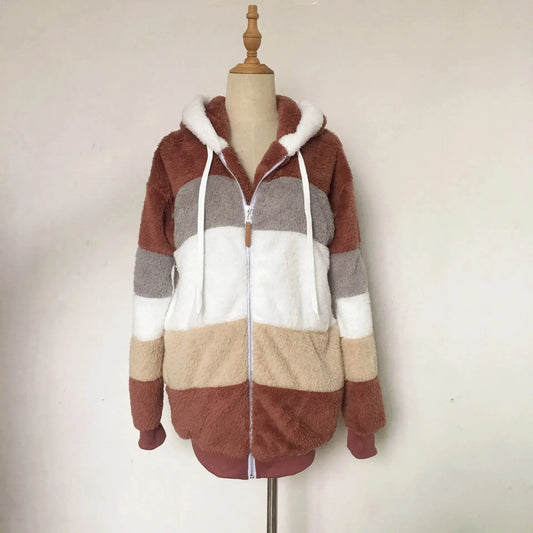 Oversized Jacket for Women 2025 New Autumn Winter Warm Plush Pocket Hooded Streetwear Loose Lady Outerwear Coat Roupas Feminina SS69