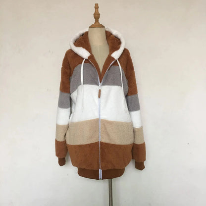 Oversized Jacket for Women 2025 New Autumn Winter Warm Plush Pocket Hooded Streetwear Loose Lady Outerwear Coat Roupas Feminina SS69