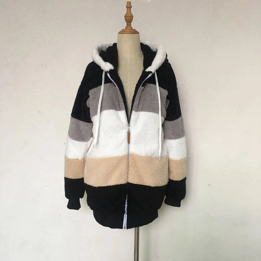 Oversized Jacket for Women 2025 New Autumn Winter Warm Plush Pocket Hooded Streetwear Loose Lady Outerwear Coat Roupas Feminina SS69