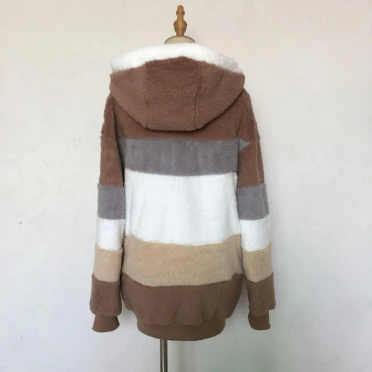 Oversized Jacket for Women 2025 New Autumn Winter Warm Plush Pocket Hooded Streetwear Loose Lady Outerwear Coat Roupas Feminina SS69