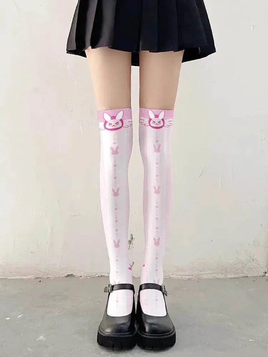 Overwatch D.Va Cartoon Printed Knee Length Socks Lolita Cute Anime Stockings Cosplay Clothing Accessories Long Socks - SS69