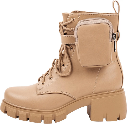 ~ POCKET ~ Platform Boots Chunky Block Heels Lug Sole Lace up round Toe Bootie Ankle Combat - SS69