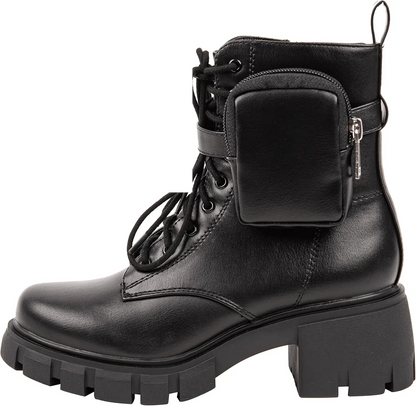 ~ POCKET ~ Platform Boots Chunky Block Heels Lug Sole Lace up round Toe Bootie Ankle Combat - SS69