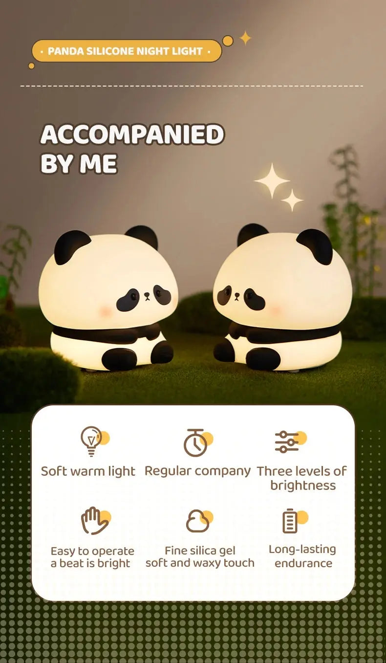 Panda LED Night Light Cute Silicone Night Light USB Rechargeable Touch Night Lamp Bedroom Timing Lamp Decoration Children's Gift SS69