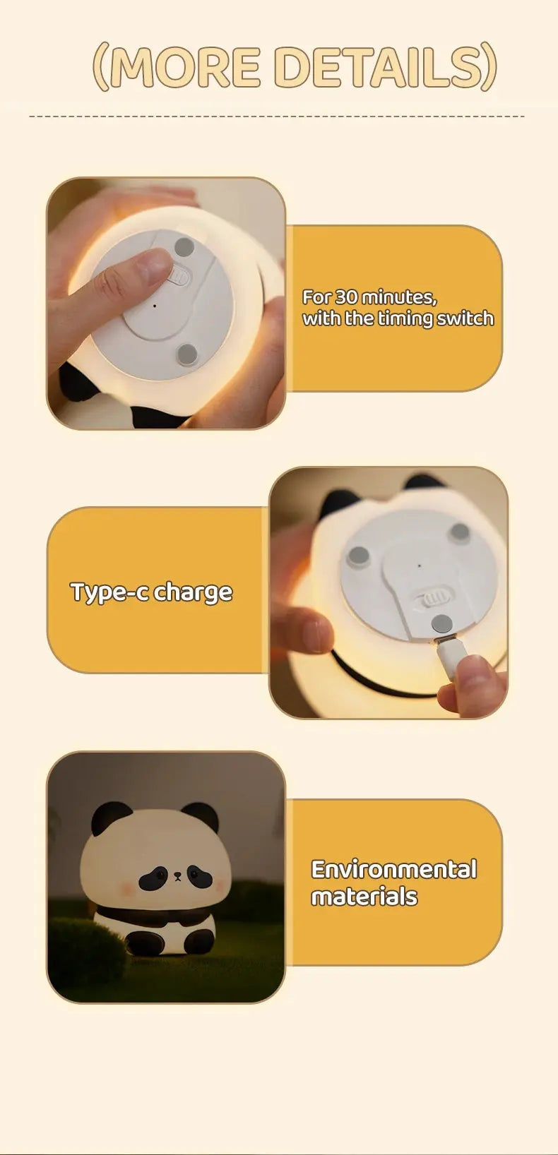 Panda LED Night Light Cute Silicone Night Light USB Rechargeable Touch Night Lamp Bedroom Timing Lamp Decoration Children's Gift SS69