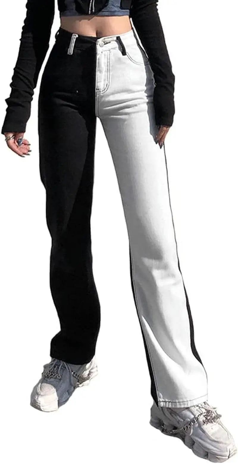 Patchwork Jeans per Le Donne a Vita Alta Stretch Cutoff Distressed Gamba Dritta Denim Jeans Pantaloni Anni '90 Vintage E-Girl Style Y2K Pantaloni Svasati - SS69