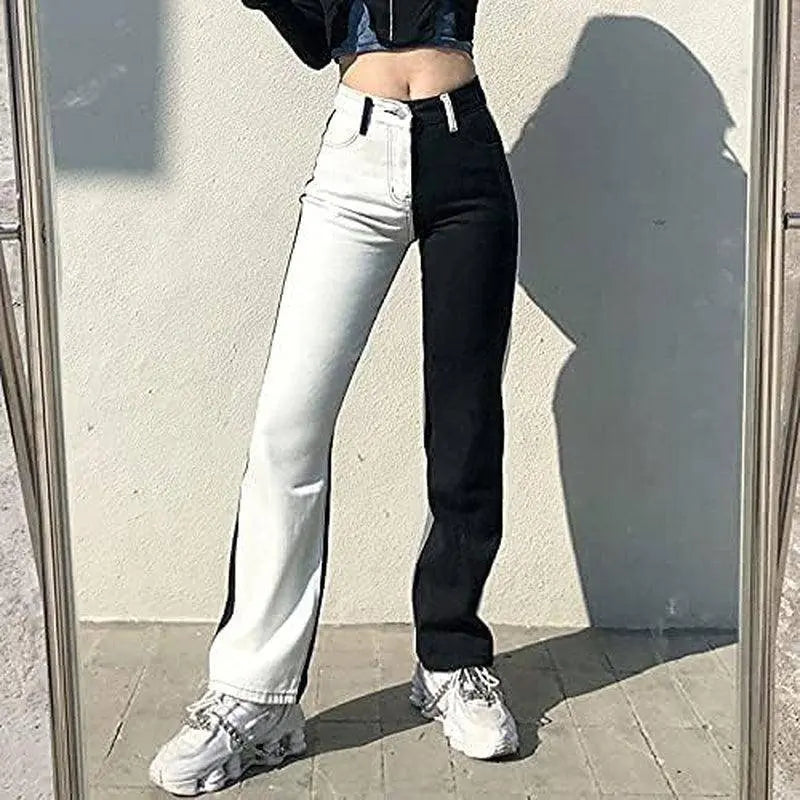 Patchwork Jeans per Le Donne a Vita Alta Stretch Cutoff Distressed Gamba Dritta Denim Jeans Pantaloni Anni '90 Vintage E-Girl Style Y2K Pantaloni Svasati - SS69