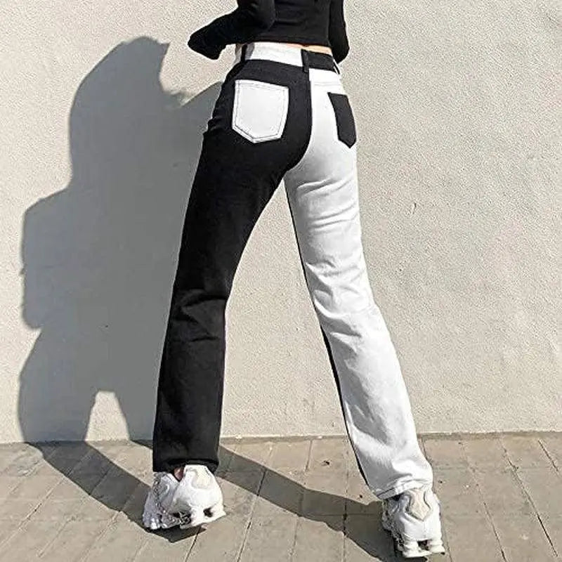 Patchwork Jeans per Le Donne a Vita Alta Stretch Cutoff Distressed Gamba Dritta Denim Jeans Pantaloni Anni '90 Vintage E-Girl Style Y2K Pantaloni Svasati - SS69