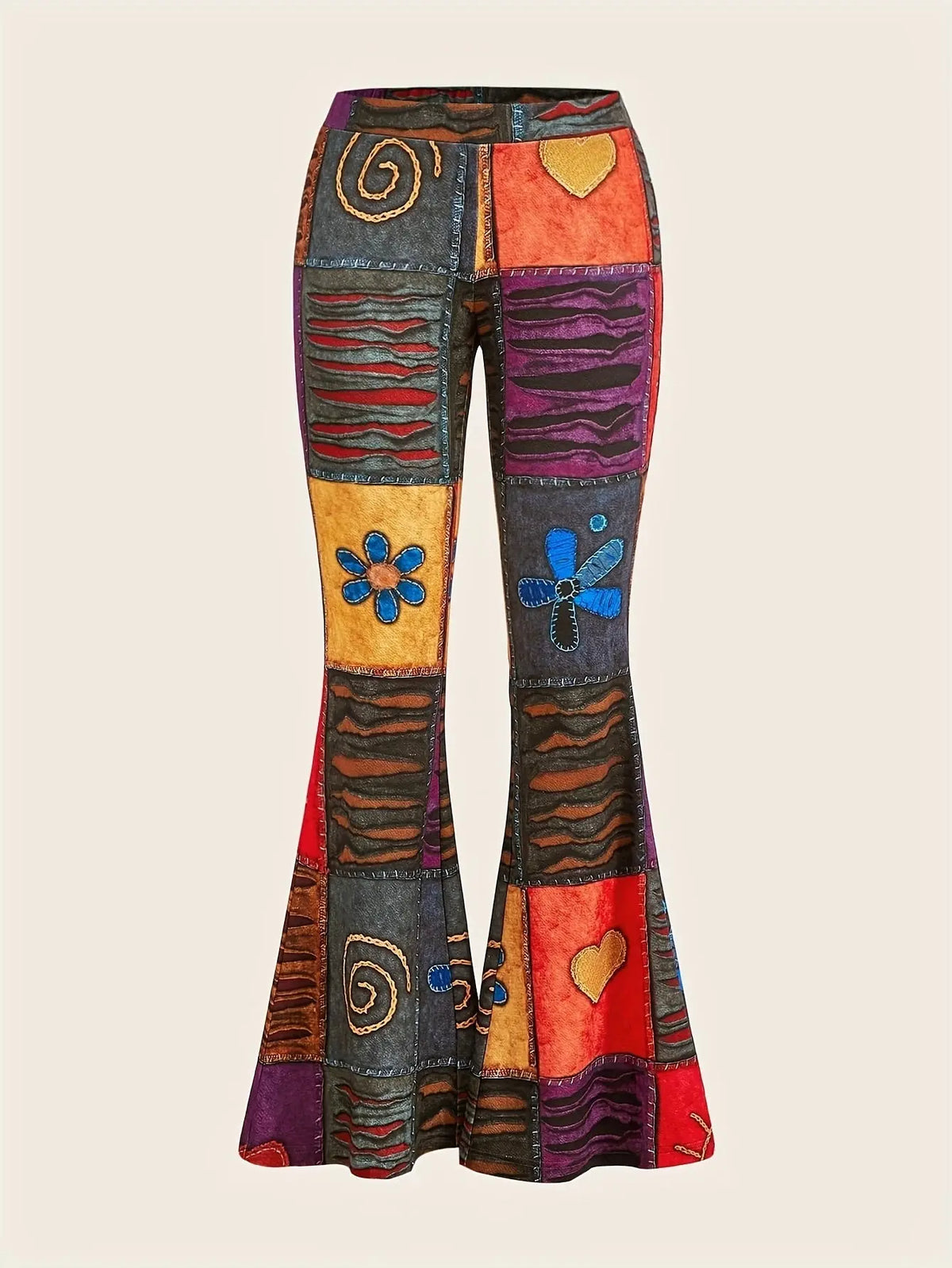 Patchwork Print Flare Leg Pants, Vintage High Waist Slim Pants For Spring & Fall, Women's Clothing SS69