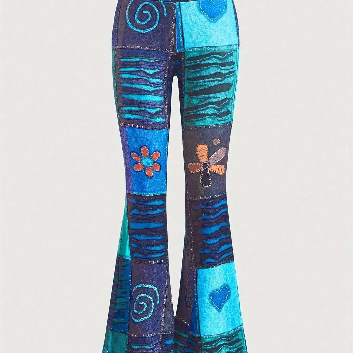 Patchwork Print Flare Leg Pants, Vintage High Waist Slim Pants For Spring & Fall, Women's Clothing - SS69