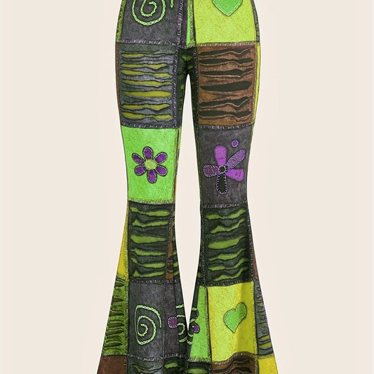 Patchwork Print Flare Leg Pants, Vintage High Waist Slim Pants For Spring & Fall, Women's Clothing - SS69