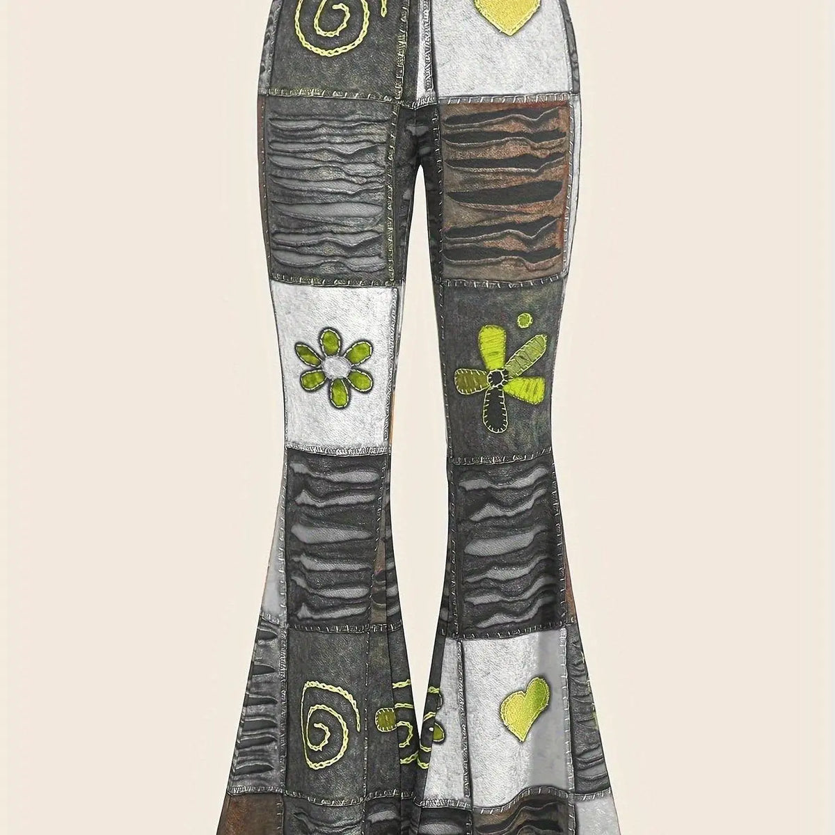 Patchwork Print Flare Leg Pants, Vintage High Waist Slim Pants For Spring & Fall, Women's Clothing - SS69