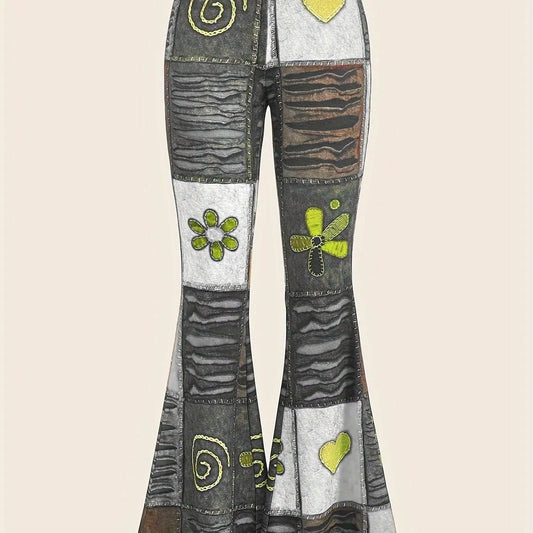 Patchwork Print Flare Leg Pants, Vintage High Waist Slim Pants For Spring & Fall, Women's Clothing - SS69