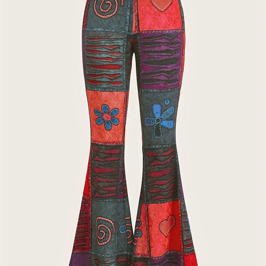 Patchwork Print Flare Leg Pants, Vintage High Waist Slim Pants For Spring & Fall, Women's Clothing - SS69