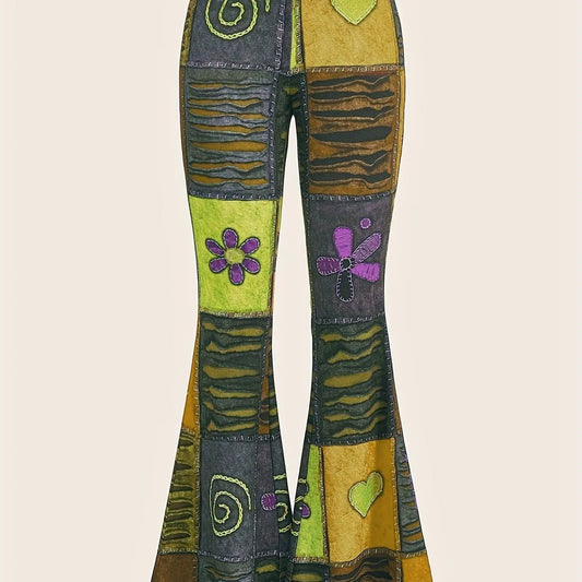 Patchwork Print Flare Leg Pants, Vintage High Waist Slim Pants For Spring & Fall, Women's Clothing - SS69