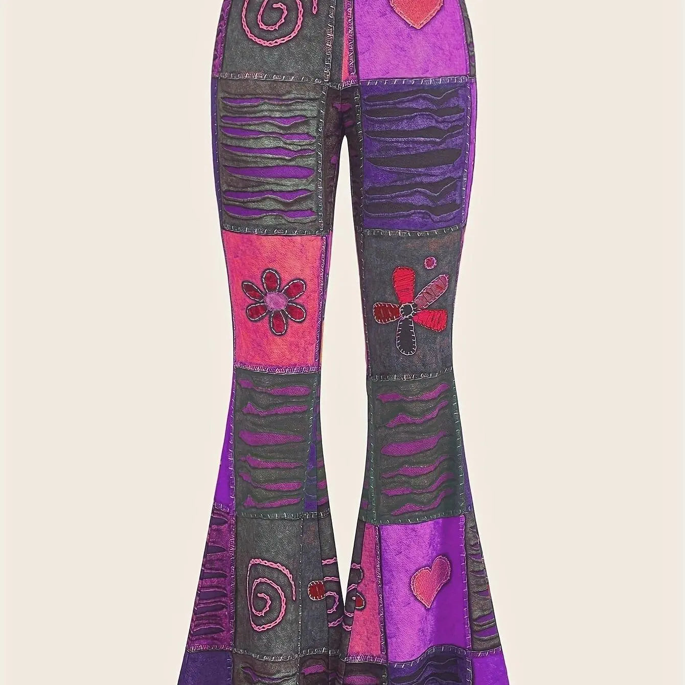 Patchwork Print Flare Leg Pants, Vintage High Waist Slim Pants For Spring & Fall, Women's Clothing - SS69