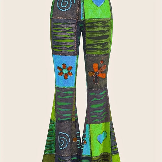 Patchwork Print Flare Leg Pants, Vintage High Waist Slim Pants For Spring & Fall, Women's Clothing - SS69