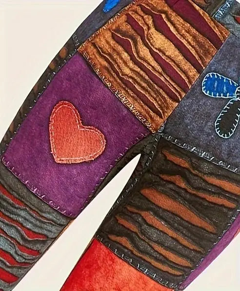 Patchwork Print Flare Leg Pants, Vintage High Waist Slim Pants For Spring & Fall, Women's Clothing SS69