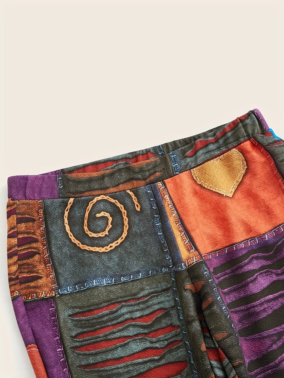 Patchwork Print Flare Leg Pants, Vintage High Waist Slim Pants For Spring & Fall, Women's Clothing SS69