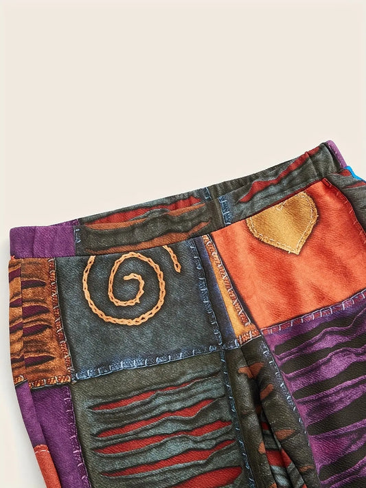 Patchwork Print Flare Leg Pants, Vintage High Waist Slim Pants For Spring & Fall, Women's Clothing SS69