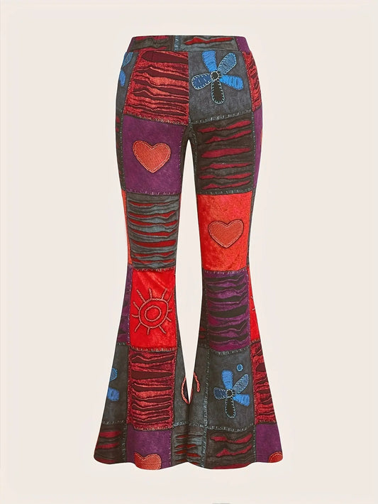 Patchwork Print Flare Leg Pants, Vintage High Waist Slim Pants For Spring & Fall, Women's Clothing SS69