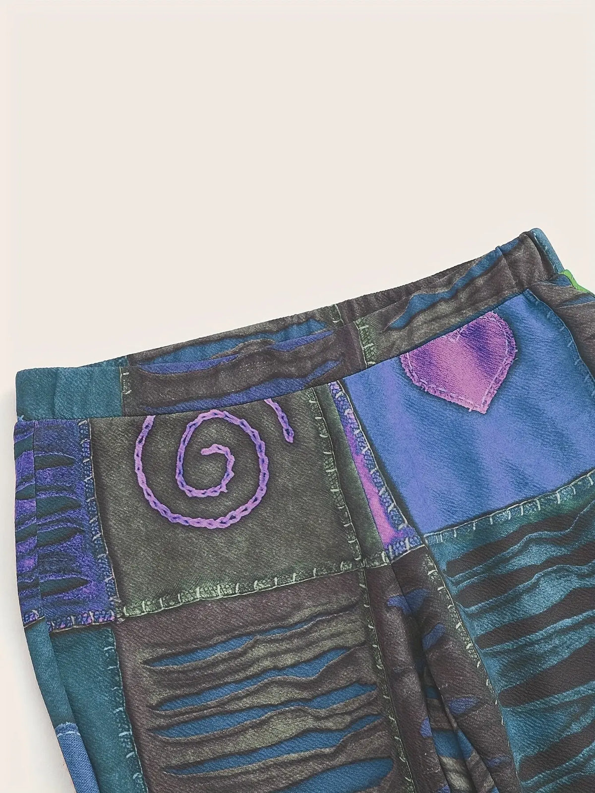 Patchwork Print Flare Leg Pants, Vintage High Waist Slim Pants For Spring & Fall, Women's Clothing SS69