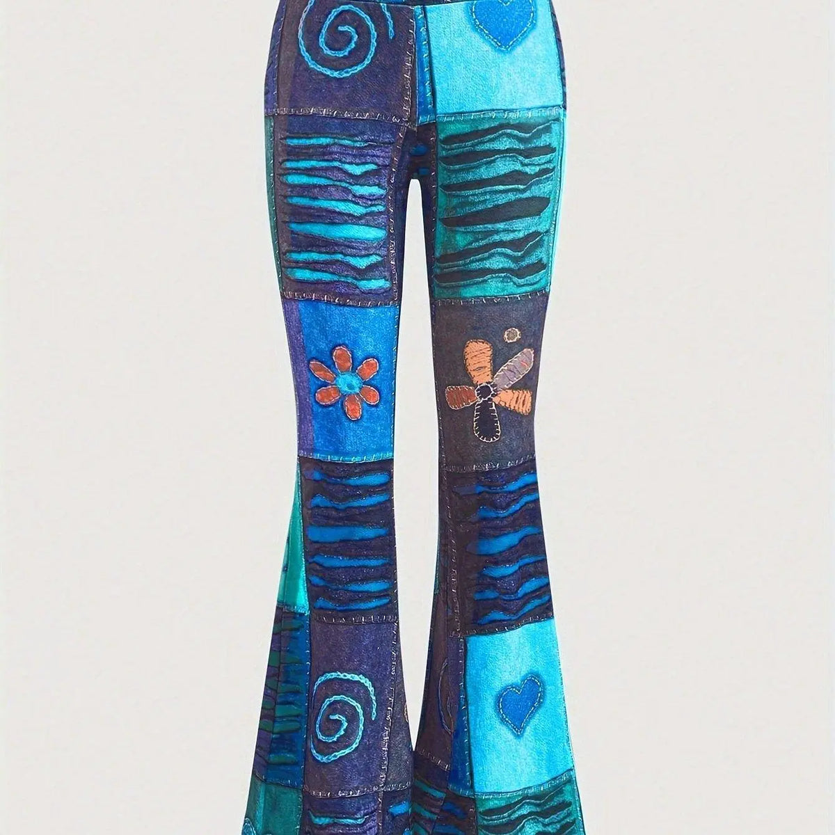 Patchwork Print Flare Leg Pants, Vintage High Waist Slim Pants For Spring & Fall, Women's Clothing SS69