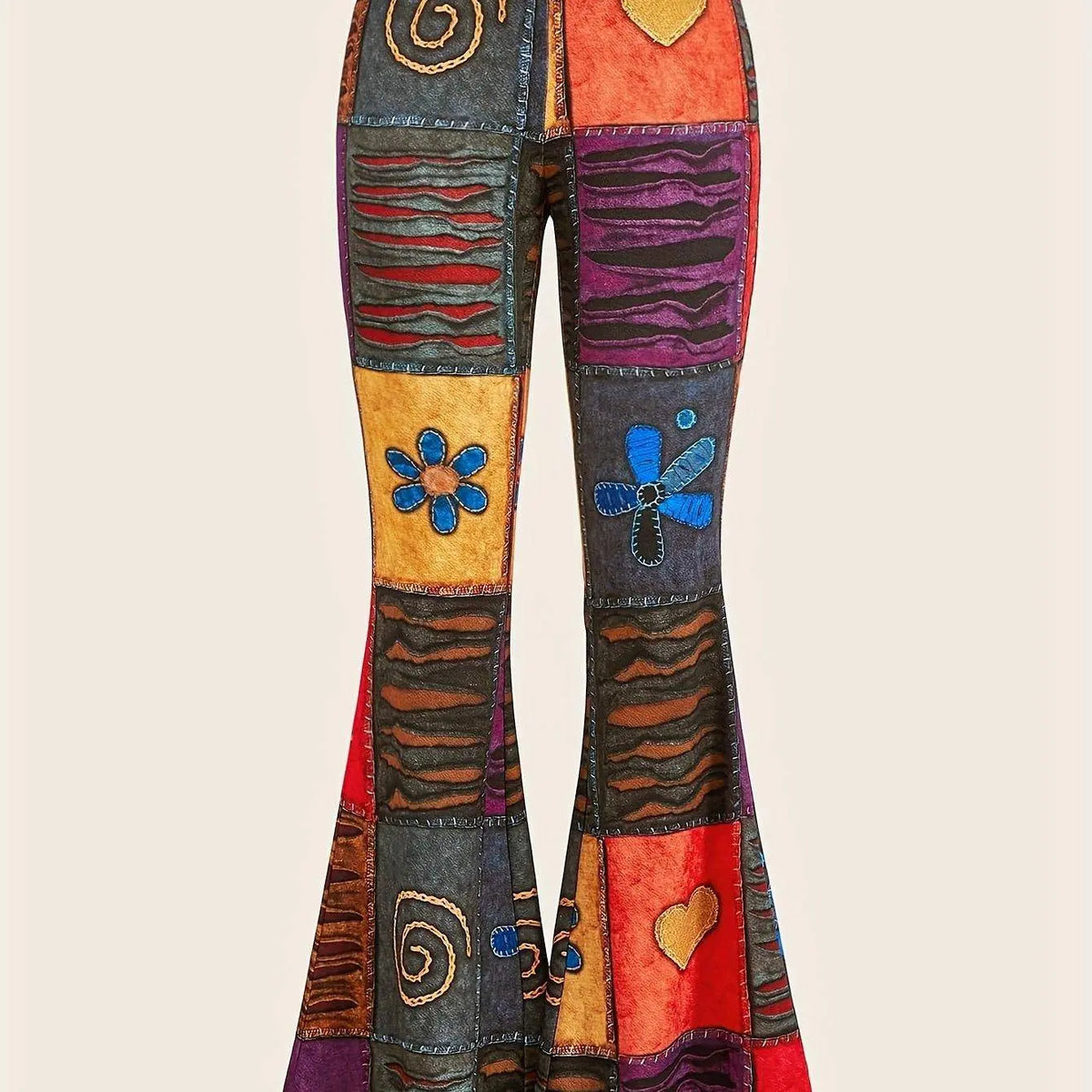 Patchwork Print Flare Leg Pants, Vintage High Waist Slim Pants For Spring & Fall, Women's Clothing SS69