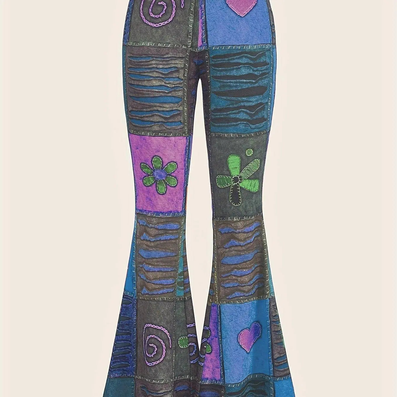 Patchwork Print Flare Leg Pants, Vintage High Waist Slim Pants For Spring & Fall, Women's Clothing SS69