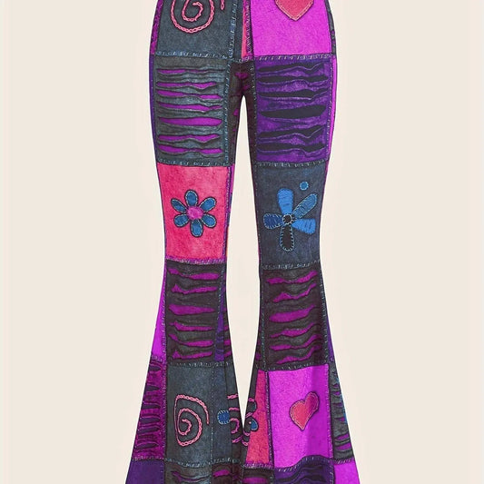 Patchwork Print Flare Leg Pants, Vintage High Waist Slim Pants For Spring & Fall, Women's Clothing SS69