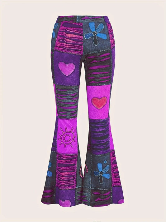 Patchwork Print Flare Leg Pants, Vintage High Waist Slim Pants For Spring & Fall, Women's Clothing SS69