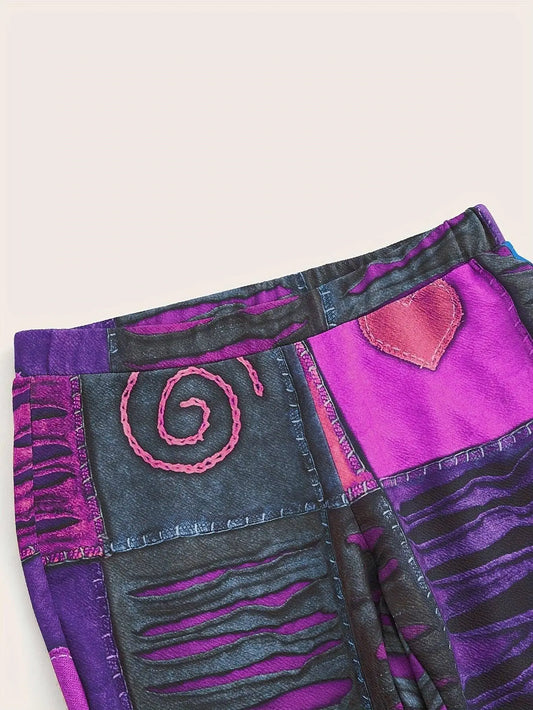 Patchwork Print Flare Leg Pants, Vintage High Waist Slim Pants For Spring & Fall, Women's Clothing SS69