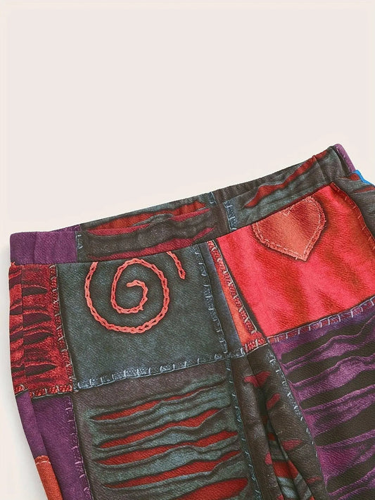 Patchwork Print Flare Leg Pants, Vintage High Waist Slim Pants For Spring & Fall, Women's Clothing SS69