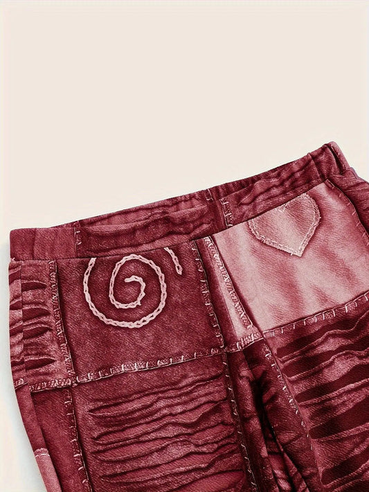 Patchwork Print Flare Leg Pants, Vintage High Waist Slim Pants For Spring & Fall, Women's Clothing SS69