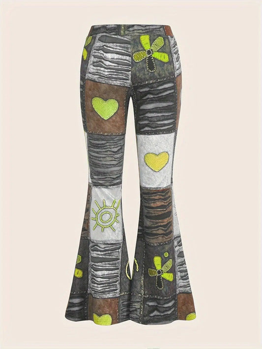 Patchwork Print Flare Leg Pants, Vintage High Waist Slim Pants For Spring & Fall, Women's Clothing SS69