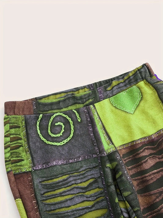 Patchwork Print Flare Leg Pants, Vintage High Waist Slim Pants For Spring & Fall, Women's Clothing SS69