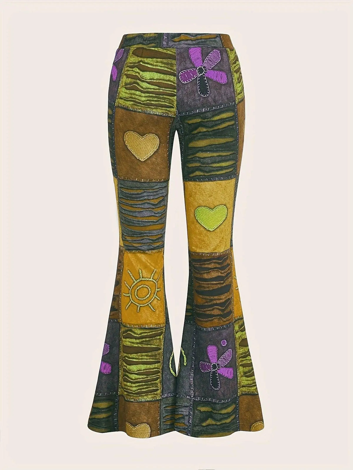 Patchwork Print Flare Leg Pants, Vintage High Waist Slim Pants For Spring & Fall, Women's Clothing SS69
